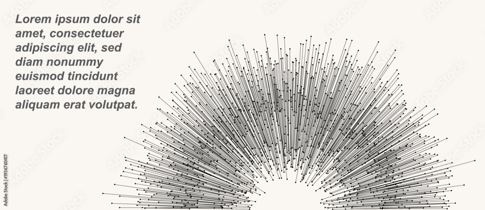 Obraz premium Abstract radial lines with dots at ends in semicircle form. Minimalist vector illustration of circular data burst or network connectivity. Technical background for web and print design.