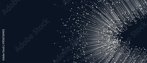 Abstract white radial lines with dots on dark background. Minimalist vector illustration of a digital data burst or network connectivity. Technical graphic for modern web and print design.