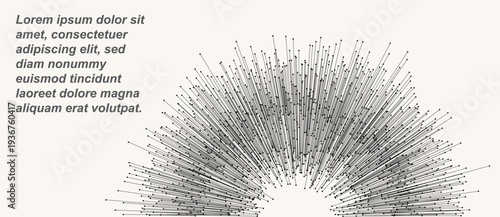 Abstract radial lines with dots at ends in semicircle form. Minimalist vector illustration of circular data burst or network connectivity. Technical background for web and print design.