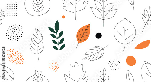 A modern and abstract seamless pattern with various leaf shapes in outline and solid colors, mixed with minimalist dot patterns.