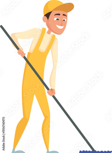 Professional janitor mascot moping floor. Happy character