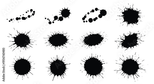 A versatile set of twelve black ink blots, splatters, and splashes of various shapes and sizes, isolated on a white background.