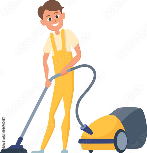 Smiling man with vacuum cleaner. Cartoon professional character