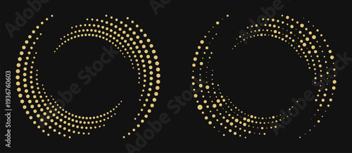Two abstract golden halftone spiral dots on black background. Luxury vector vortex for financial reports, cryptocurrency and premium business. Elegant radial data flow graphic element.