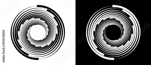 Abstract circular line vortex set in black and white. Minimalist vector radial pattern for technology, data flow and circular economy concepts. Modern UI/UX graphic design element.
