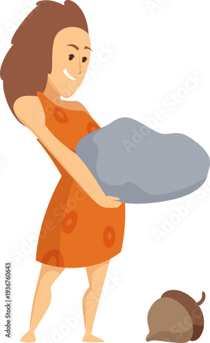 Ancient woman gather and break nuts. Prehistoric cartoon character