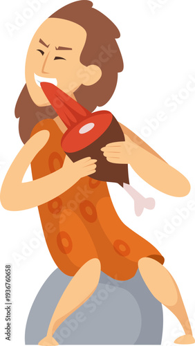 Cave woman eat raw meat. Ancient character