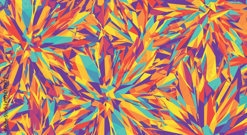 An energetic and colorful seamless abstract pattern composed of sharp, crystal-like geometric shapes in a vibrant, chaotic arrangement.