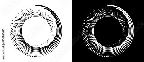 Abstract halftone dots and line spiral vortex in black and white. Vector design for AI, data flow and connectivity. Minimalist radial pattern for technology branding and modern UI/UX.