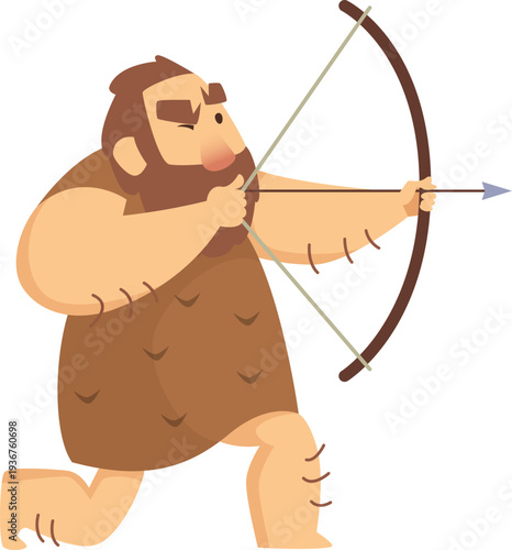 Prehistoric hunter aim with bow and arrow cartoon character
