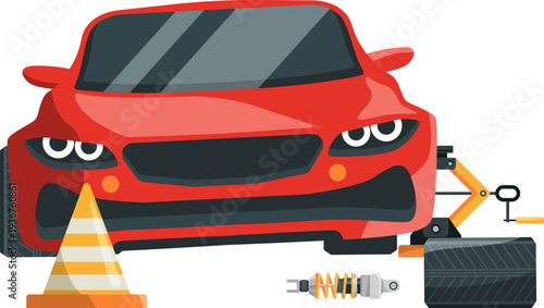 Car tyre change cartoon icon. Garage workshop service