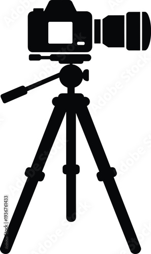 Professional camera on tripod silhouette isolated on white background, photography equipment icon for studio shooting, videography production, media creation and photographer tool