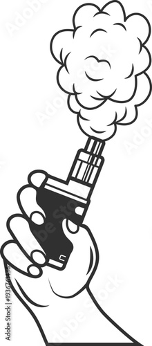Smoking vape in human hand. Black line icon