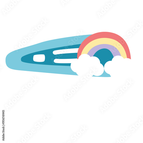 Blue hair clip with rainbow and cloud ideal for hair accessories, cute styling tools, and playful decorative elements with flat design.