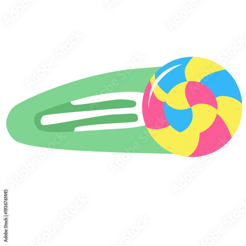 Green hair clip with colorful swirl decoration ideal for hair accessories, cute styling tools, and playful decorative elements with flat design style.