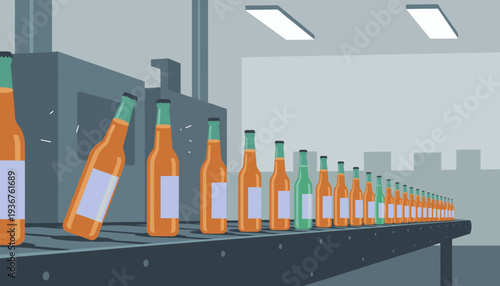 Bottles on conveyor belt in modern beverage production facility  