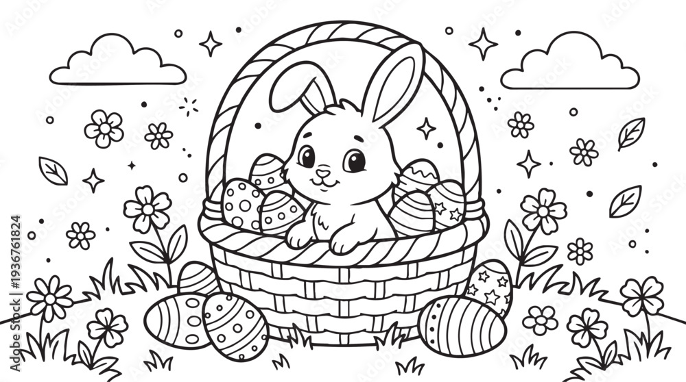 Fototapeta premium Easter Bunny in a Basket with Decorated Eggs Coloring Page