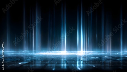 Futuristic digital background featuring vibrant blue light beams illuminating textured surface creating atmospheric and high tech visual presentation