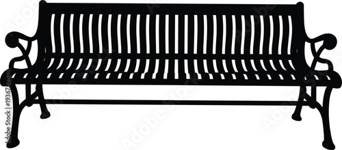 Classic park bench silhouette isolated on white background, outdoor garden seating furniture icon for public park landscape design, relaxation place and urban decoration