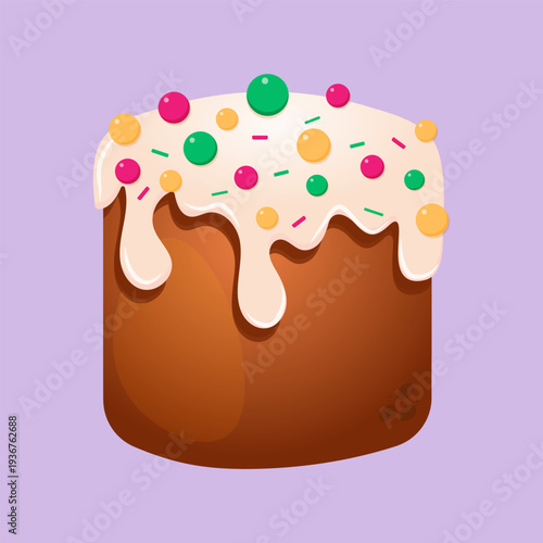 Flat vector illustration of traditional Easter cake with white icing and colorful sprinkles on purple background. Sweet festive dessert symbol for Easter celebration, holiday greeting design
