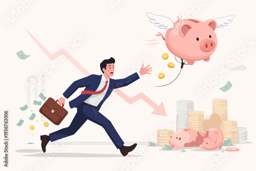 Businessman in suit chasing a flying piggy bank during an economic crisis and stock market crash, concept of financial loss, losing all savings, pension funds, bankruptcy, and global recession.