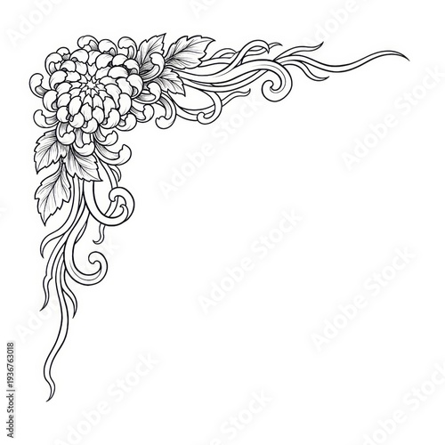 Hand drawn ink sketch of Chrysanthemum flower corner frame isolated on white background. Traditional tattoo illustration.