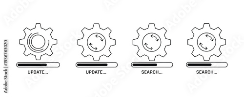 Modern gear icons with update and search functions on laptop screens