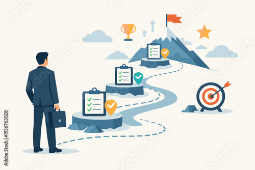 Businessman Looking at Winding Path to Mountain Peak with Checklists, Milestones, and Target, Representing Career Growth, Goal Achievement, Strategic Planning, and Success Roadmap Illustration.
