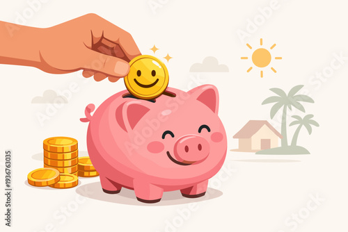 Hand Putting Smiley Face Coin into Happy Pink Piggy Bank for Retirement Savings and Financial Planning Concept with Tropical Vacation Background, Wealth Management, and Investment Vector Art