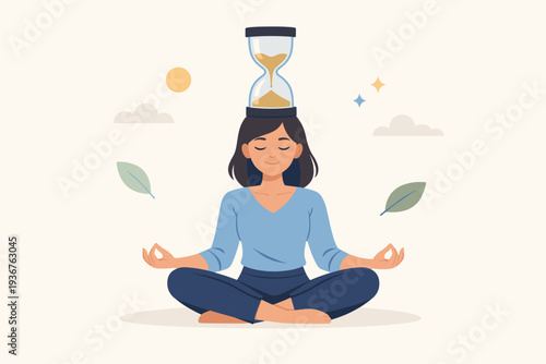 Woman Practicing Mindfulness and Patience with an Hourglass on Her Head, Meditating in Lotus Position for Time Management, Mental Health, Concentration, and Waiting for Success Flat Illustration