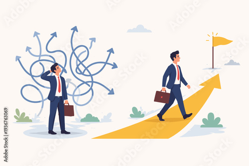 Business Concept of Simplifying Complicated Directions for Success. Confused Businessman Facing Tangled Blue Arrows vs Confident Professional Walking Straight Yellow Path Towards Goal Flag Target.