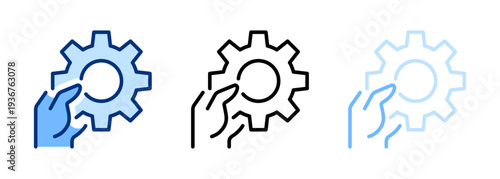 Hand holding a cogwheel icons set. Gear wheel sign. Settings, configuration, option, setup symbol. Blue solid vector icon collection. For apps, website, business, ui / ux design, infographic.
