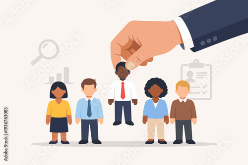 Recruitment and human resources concept with a giant hand picking a diverse candidate from a row of job seekers. Professional hiring process, employee selection, and talent acquisition vector.