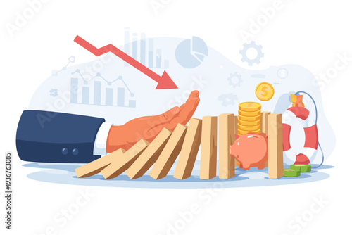 Businessman Hand Stopping Falling Dominoes to Prevent Financial Market Crash and Economic Recession Crisis, Risk Management Concept with Piggy Bank, Coins, Lifebuoy and Downward Stock Arrow