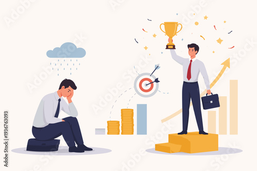 Successful Businessman Holding Gold Trophy on Podium vs Sad Depressed Man Under Rain Cloud, Social Comparison Anxiety, Career Failure and Achievement Concept, Business Competition Illustration