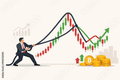 Businessman Pulling Rope to Manipulate and Control Stock Market Candlestick Chart with Bitcoin Coins, Concept of Financial Market Influence, Cryptocurrency Trading Strategy and Investment Profit.