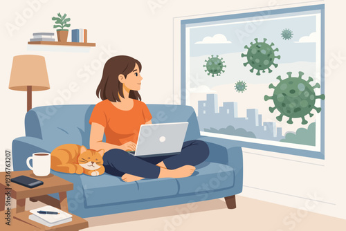 Woman working from home on laptop during COVID-19 pandemic, sitting on sofa with sleeping cat, social distancing concept, remote work during virus outbreak, city view with floating virus icons.