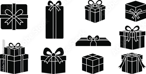 Collection of gift boxes in silhouette on white background for decoration on white background