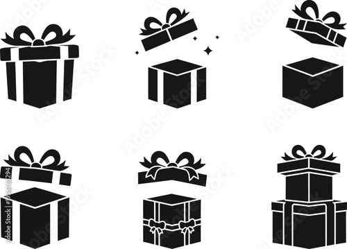 Black and white silhouette gift box icons with ribbons and bows in white background