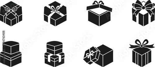 Silhouette of various gift boxes with ribbons and bows in white background