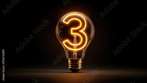 Glowing number 3 inside a lightbulb against a dark background