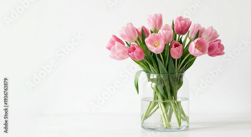 Bouquet of pink tulips in a clear glass vase on a white background
