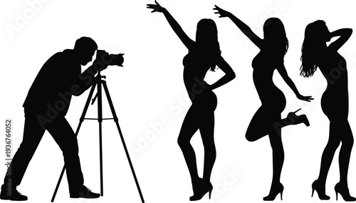 Photographer taking pictures of female models silhouettes posing for fashion photoshoot, studio photography concept with camera tripod, modeling session and professional fashion shoot