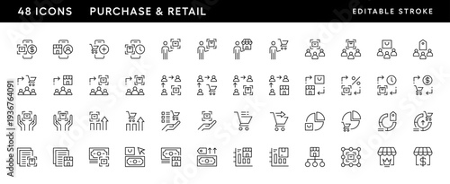 Purchase icon collection. Retail icon set. Purchase, store, shopping bag, wallet, sale, invoice, trade, marketplace, gift and more. Editable stroke. Pixel Perfect. Grid base 32 x 32.