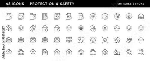 Protection and safety icon collection. Shield, security, insurance, social security, safety, coverage, risk management and more. Editable stroke. Pixel Perfect. Grid base 32 x 32.