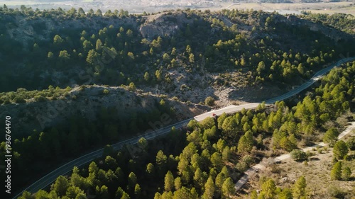 Aerial view of a road by the mountains in Castilla La Mancha Spain