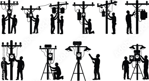 Electrical technicians repairing utility poles and transformers silhouette set, electricians inspecting power meters and distribution equipment for electricity infrastructure maintenance
