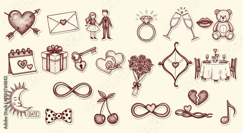 Set of romantic and love symbols, hearts, couple, ring, champagne, gifts, bow tie, cherries and teddy bear in vintage style