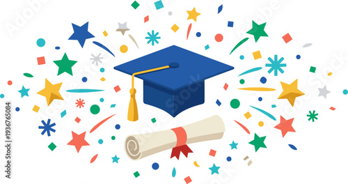 graduation cap with diploma scroll and confetti, academic celebration education illustration on transparent background