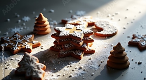 Many cookies that are on a table with snowflakes food background
